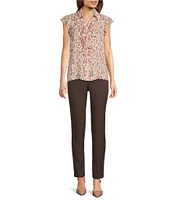 Calvin Klein Printed Chiffon Point Collar Cap Sleeve Ruffle Button Front Blouse