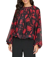 Calvin Klein Printed Chiffon Shirred Neck Long Bubble Sleeve Blouse