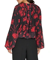 Calvin Klein Printed Chiffon Shirred Neck Long Bubble Sleeve Blouse