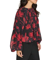 Calvin Klein Printed Chiffon Shirred Neck Long Bubble Sleeve Blouse