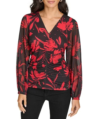 Calvin Klein Printed Chiffon V-Neck Long Sleeve Gathered Top