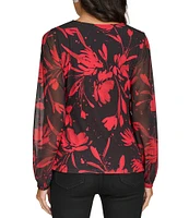 Calvin Klein Printed Chiffon V-Neck Long Sleeve Gathered Top