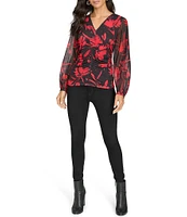 Calvin Klein Printed Chiffon V-Neck Long Sleeve Gathered Top