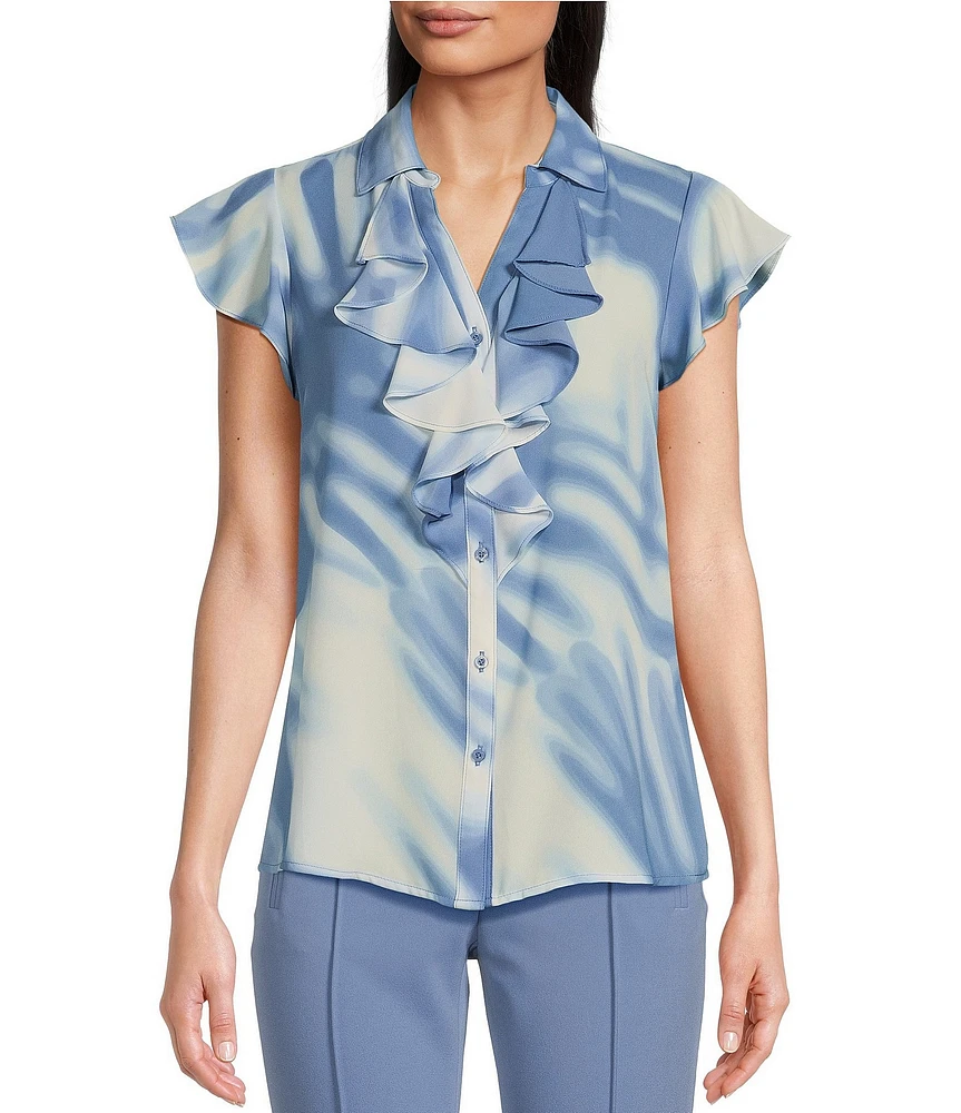 Calvin Klein Printed Collared Cascading Ruffle Front Flutter Cap Sleeve Button Front Blouse