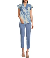 Calvin Klein Printed Collared Cascading Ruffle Front Flutter Cap Sleeve Button Front Blouse