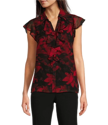 Calvin Klein Printed Collared Flutter Sleeve Ruffle Button Front Top