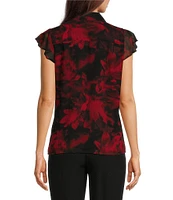 Calvin Klein Printed Collared Flutter Sleeve Ruffle Button Front Top