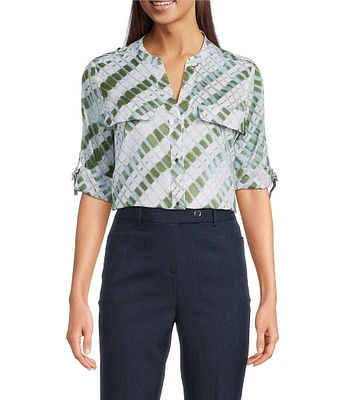 Calvin Klein Printed Cotton Crew Neck Roll Tab Sleeve Button Front Blouse
