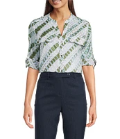 Calvin Klein Printed Cotton Crew Neck Roll Tab Sleeve Button Front Blouse