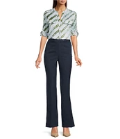 Calvin Klein Printed Cotton Crew Neck Roll Tab Sleeve Button Front Blouse