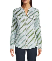 Calvin Klein Printed Cotton Crew Neck Roll Tab Sleeve Button Front Blouse