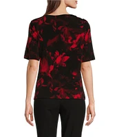 Calvin Klein Printed Crew Neck Elbow Sleeve Drape Shoulder Top