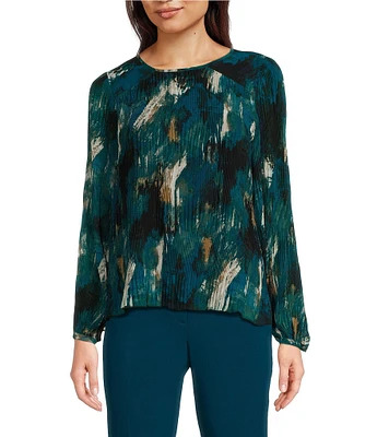 Calvin Klein Printed Crew Neck Long Sleeve Chiffon Micro Accordion Pleated Top