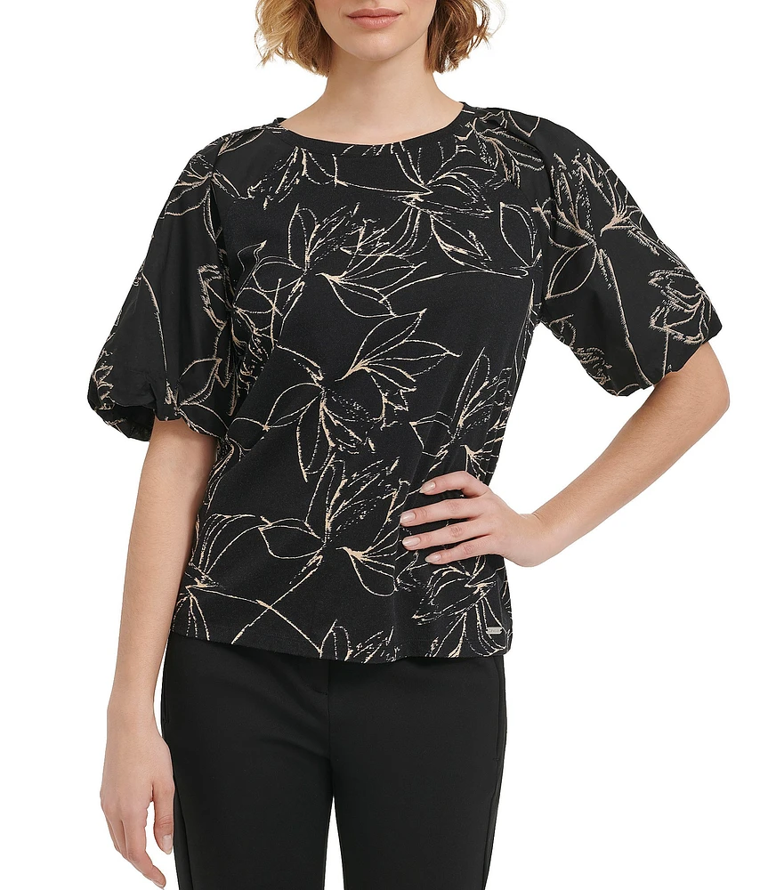 Calvin Klein Printed Crew Neckline Puff 3/4 Blouse