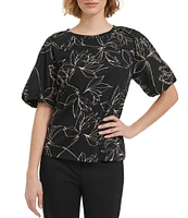 Calvin Klein Printed Crew Neckline Puff 3/4 Blouse