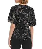 Calvin Klein Printed Crew Neckline Puff 3/4 Blouse