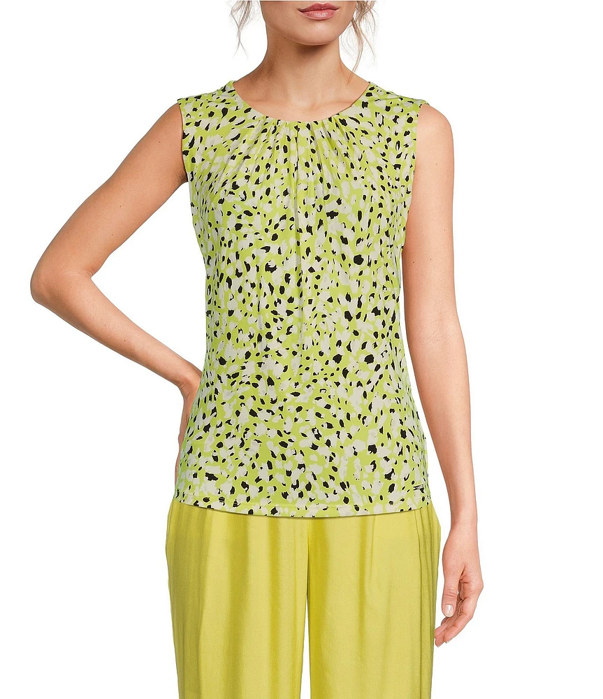 Calvin Klein Printed Crew Neckline Sleeveless Pleat Front Blouse