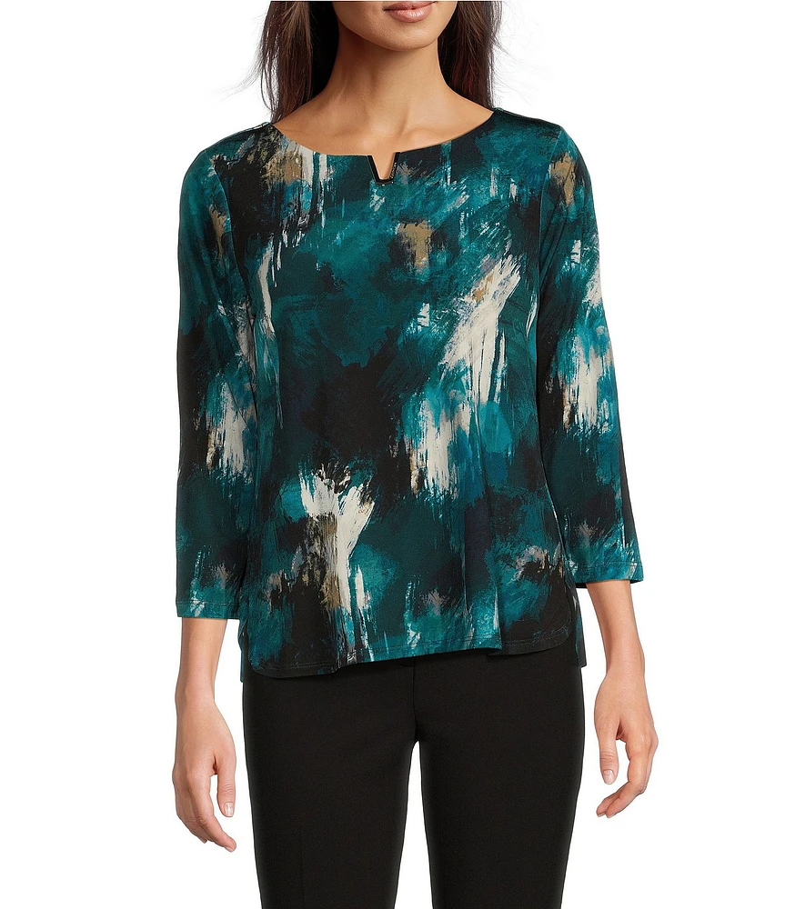 Calvin Klein Printed Knit Hardware V-Neck 3/4 Sleeve Top