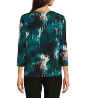 Calvin Klein Printed Knit Hardware V-Neck 3/4 Sleeve Top