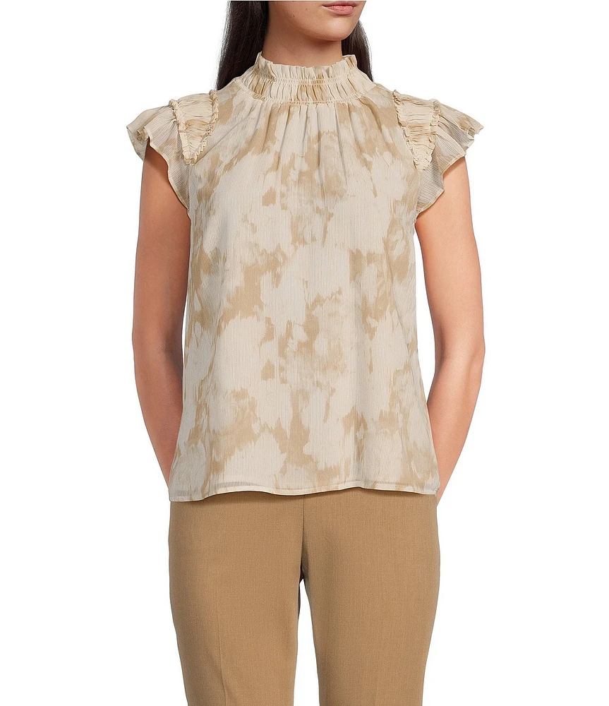 Calvin Klein Printed Mock Neck Ruffled Cap Sleeve Top