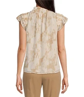 Calvin Klein Printed Mock Neck Ruffled Cap Sleeve Top