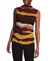 Calvin Klein Abstract Printed Mock Neck Sleeveless Draped Top