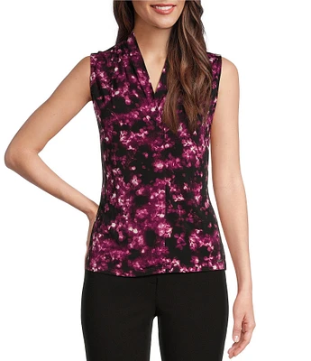 Calvin Klein Abstract Printed Pebble Crepe Sleeveless V-Neck Top