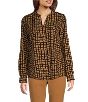 Calvin Klein Printed Roll-Tab Sleeve Button-Front Blouse