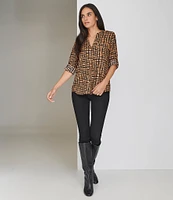 Calvin Klein Printed Roll-Tab Sleeve Button-Front Blouse