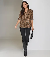 Calvin Klein Printed Roll-Tab Sleeve Button-Front Blouse