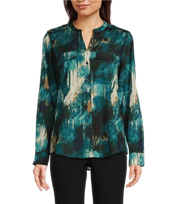 Calvin Klein Abtract Printed Roll-Tab Sleeve Button-Front Blouse