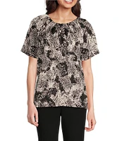 Calvin Klein Printed Short Sleeve Crew Neck Keyhole Blouse