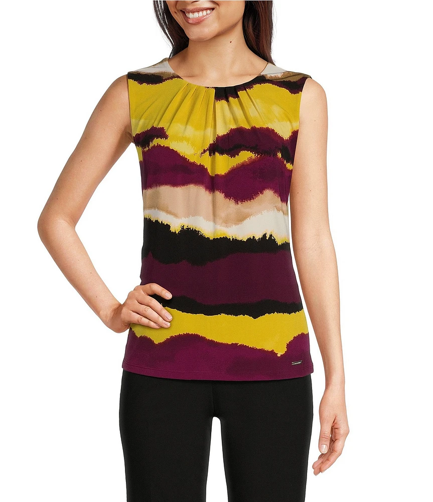 Calvin Klein Abstract Ochre Printed Sleeveless Pleat Neck Cami Top