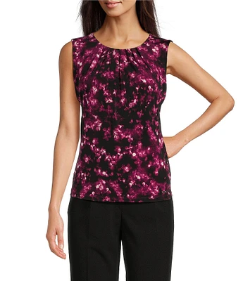 Calvin Klein Abstract Printed Jewel Sleeveless Pleat Neck Cami Top