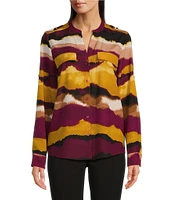 Calvin Klein Abstract Printed Split V Neckline Roll Tab Long Sleeve Blouse