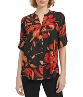 Calvin Klein Printed Split V Neckline Roll Tab Sleeve Top