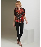 Calvin Klein Printed Split V Neckline Roll Tab Sleeve Top