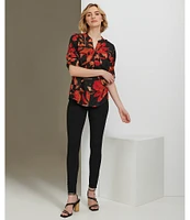 Calvin Klein Printed Split V Neckline Roll Tab Sleeve Top