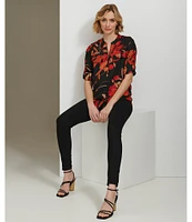 Calvin Klein Printed Split V Neckline Roll Tab Sleeve Top