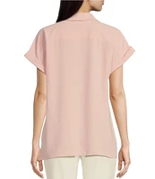 Calvin Klein Puckered Woven Short Cuffed Sleeve Button Front Point Collar Top