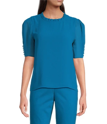 Calvin Klein Ruffle Neck Short Puff Sleeve Blouse