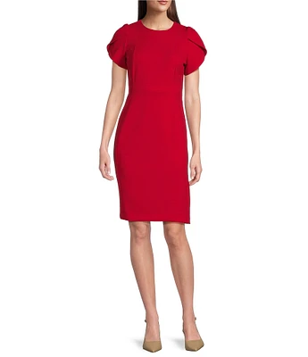 Calvin Klein Scuba Crepe Short Petal Sleeve Crew Neck Sheath Dress