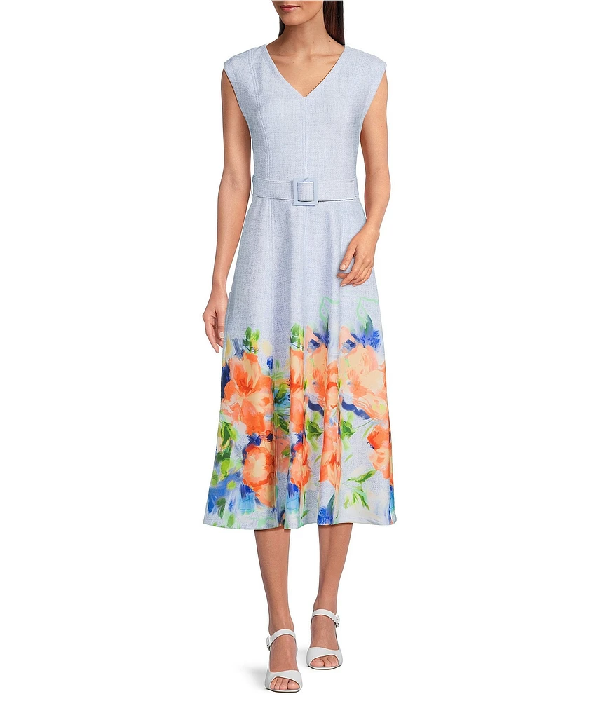 Calvin Klein Scuba Floral Print Cap Sleeve V-Neck A-Line Midi Dress