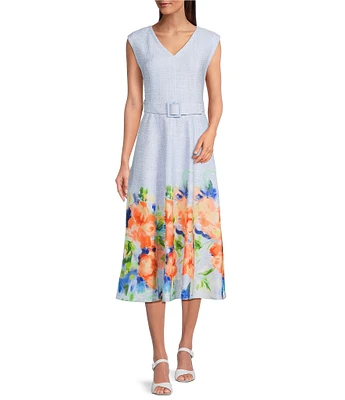 Calvin Klein Scuba Floral Print Cap Sleeve V-Neck A-Line Midi Dress