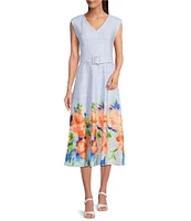 Calvin Klein Scuba Floral Print Cap Sleeve V-Neck A-Line Midi Dress