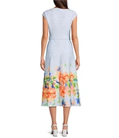 Calvin Klein Scuba Floral Print Cap Sleeve V-Neck A-Line Midi Dress