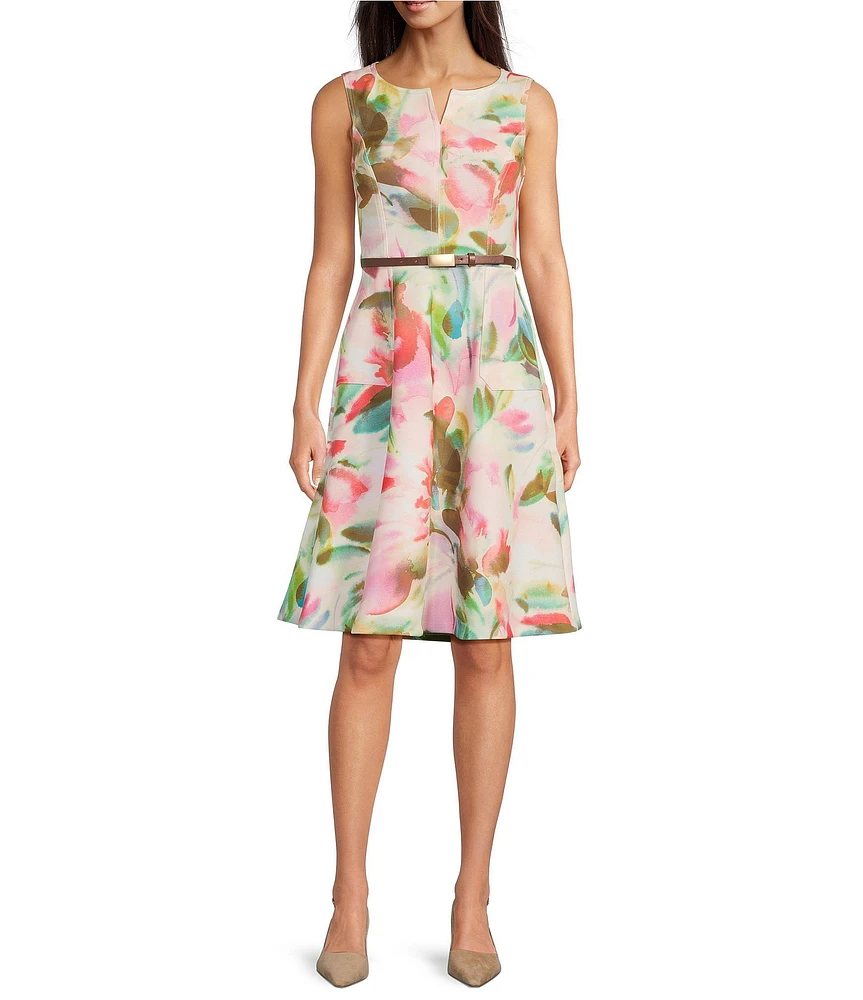 Calvin Klein Scuba Split V Neck Sleeveless Belted Floral Sheath Dress