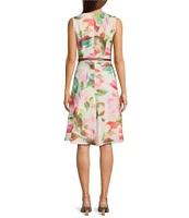 Calvin Klein Scuba Split V Neck Sleeveless Belted Floral Sheath Dress