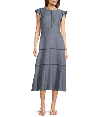 Calvin Klein Short Flutter Sleeve Crew Neck A-Line Midi Dress