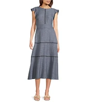 Calvin Klein Short Flutter Sleeve Crew Neck A-Line Midi Dress